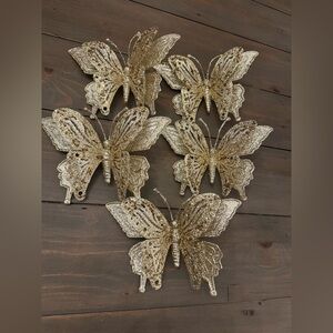 Gold Sparkly Glitter Butterfly Decoration Ornament - Set of 5